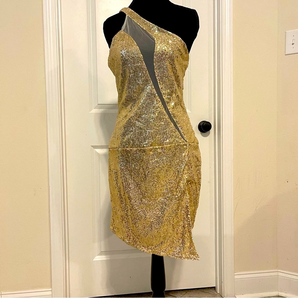 CBR Elegant Gold Sequin One-Shoulder Dress/XL